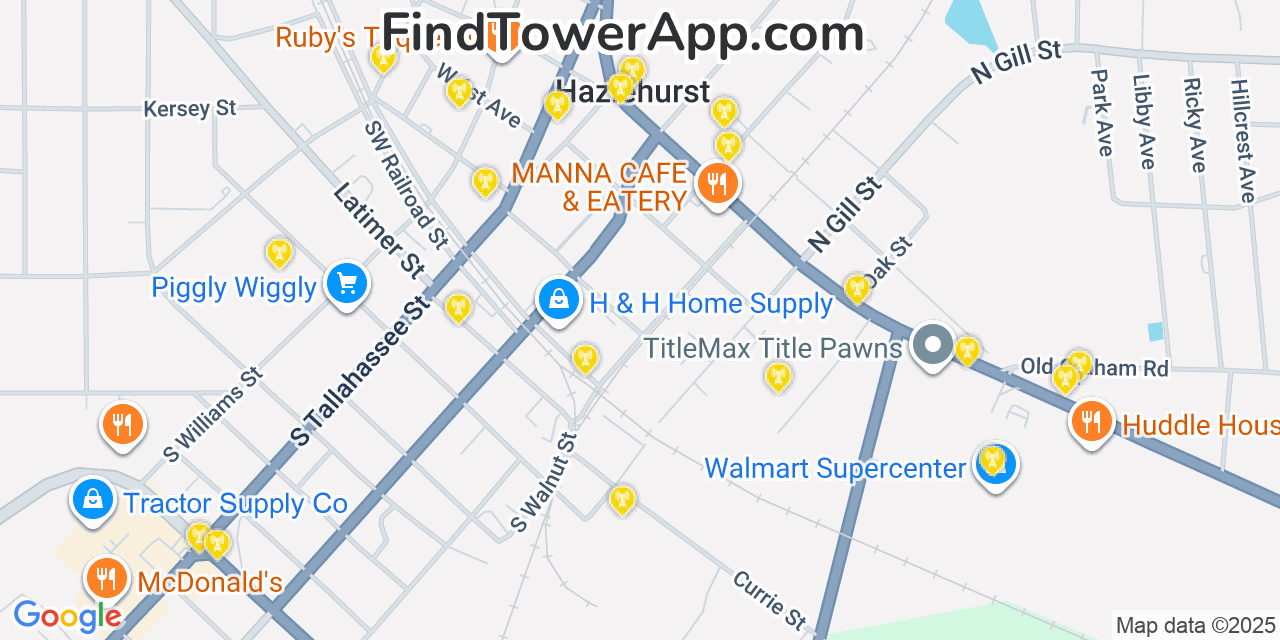 Map showing the 20 primary Mobitel cell tower locations detected in Hazlehurst, Georgia with coverage radius and signal strength indicators