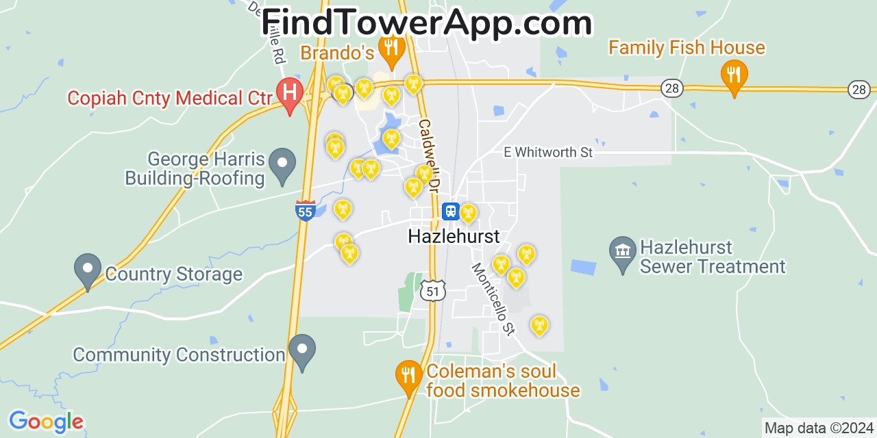 AT&T 4G/5G cell tower coverage map Hazlehurst, Mississippi