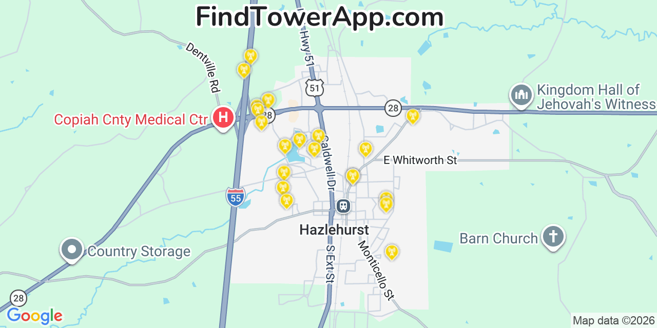 Map showing the 20 primary cell tower locations detected in Hazlehurst, Mississippi from AT&T, Verizon, and T-Mobile networks