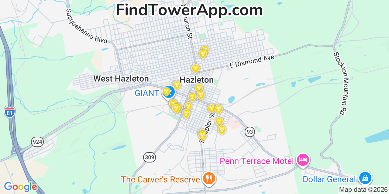 Map showing the 20 primary cell tower locations detected in Hazleton, Pennsylvania from AT&T, Verizon, and T-Mobile networks