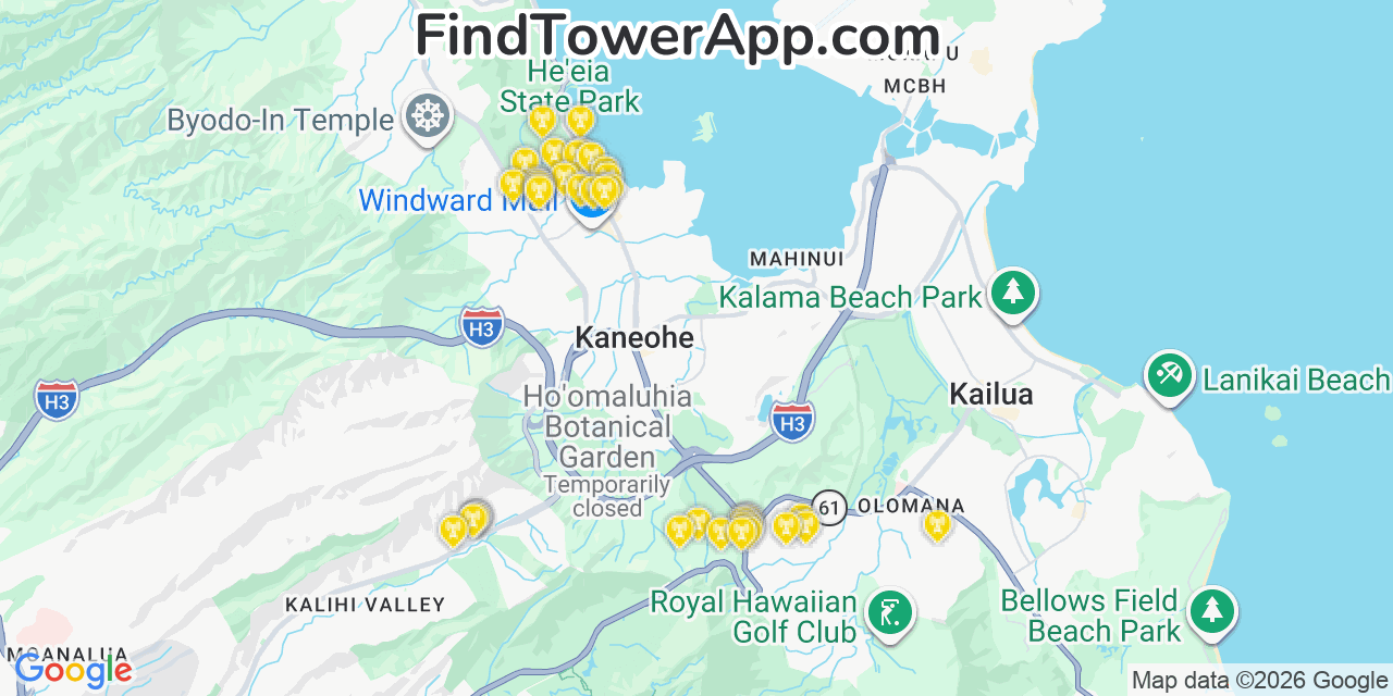 Map showing the 39 primary T-Mobile cell tower locations detected in He�Eia, Hawaii with coverage radius and signal strength indicators