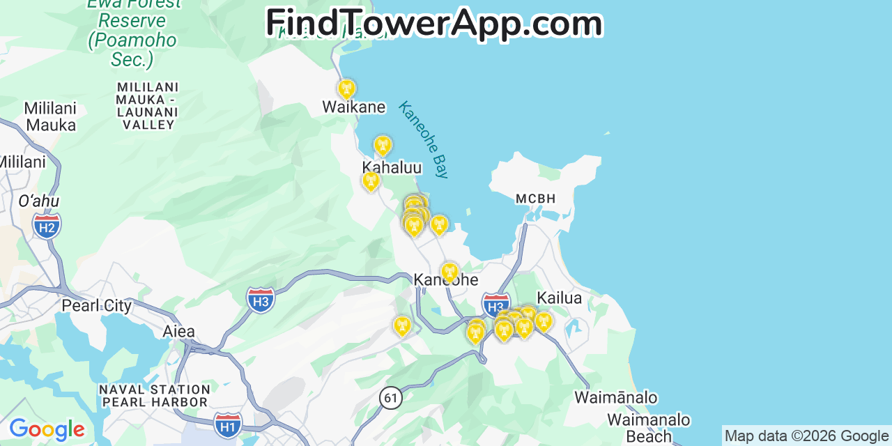Map showing the 30 primary Verizon cell tower locations detected in He�Eia, Hawaii with coverage radius and signal strength indicators