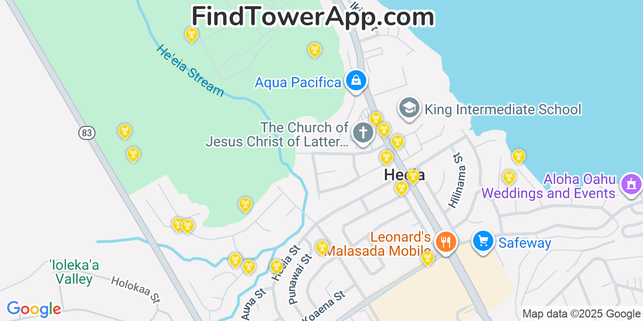 Map showing the 20 primary AT&T cell tower locations detected in He‘eia, Hawaii with coverage radius and signal strength indicators