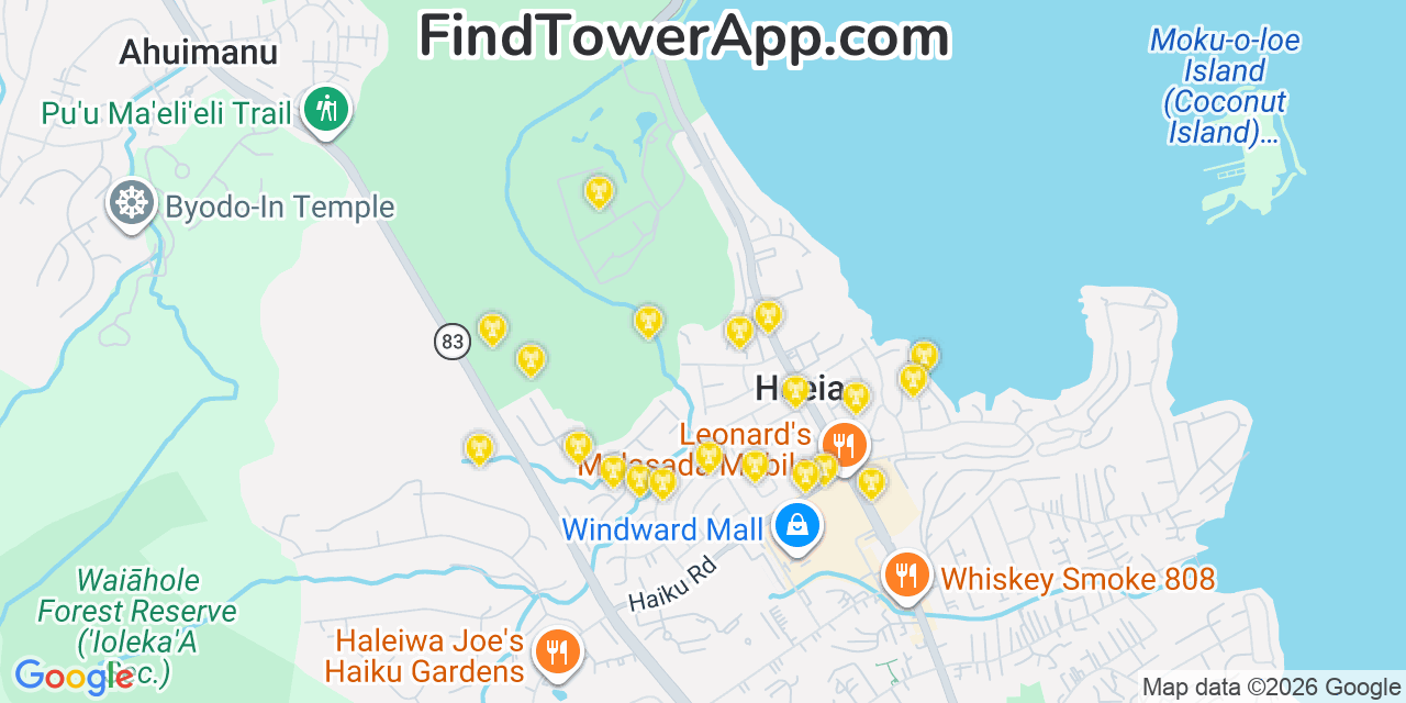 Map showing the 20 primary cell tower locations detected in He‘eia, Hawaii from AT&T, Verizon, and T-Mobile networks