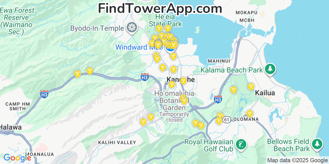 Map showing the 39 primary T-Mobile cell tower locations detected in He‘eia, Hawaii with coverage radius and signal strength indicators