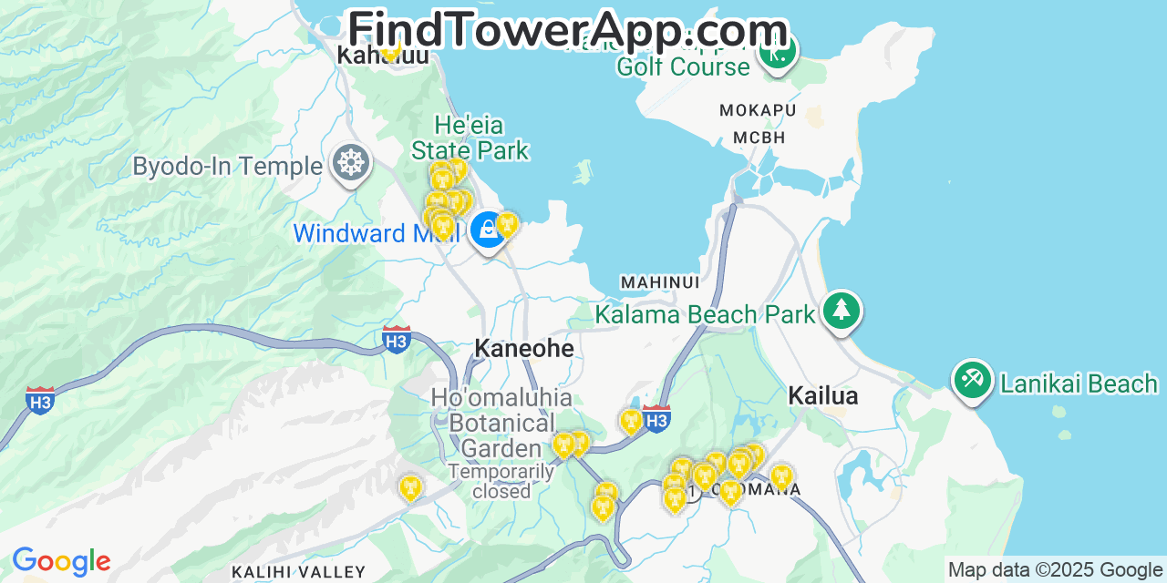 Map showing the 30 primary Verizon cell tower locations detected in He‘eia, Hawaii with coverage radius and signal strength indicators