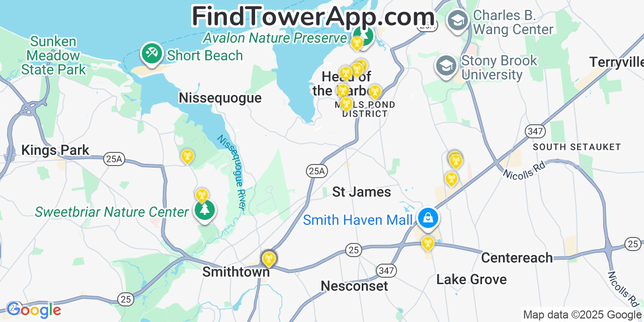 Map showing the 27 primary AT&T cell tower locations detected in Head Of The Harbor, New York with coverage radius and signal strength indicators