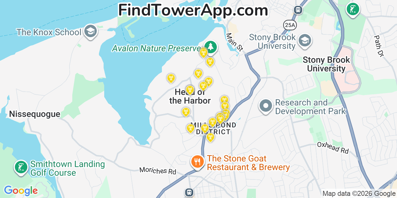 Map showing the 20 primary cell tower locations detected in Head Of The Harbor, New York from AT&T, Verizon, and T-Mobile networks