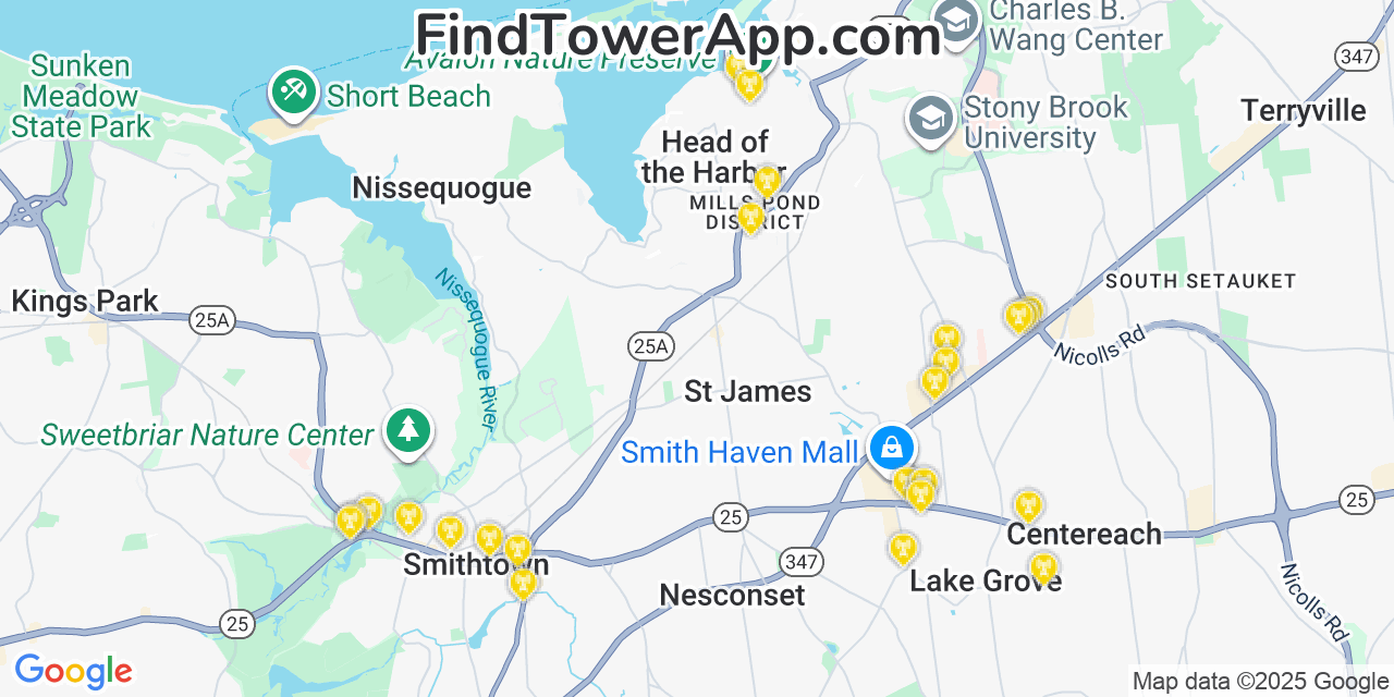 Map showing the 24 primary T-Mobile cell tower locations detected in Head Of The Harbor, New York with coverage radius and signal strength indicators