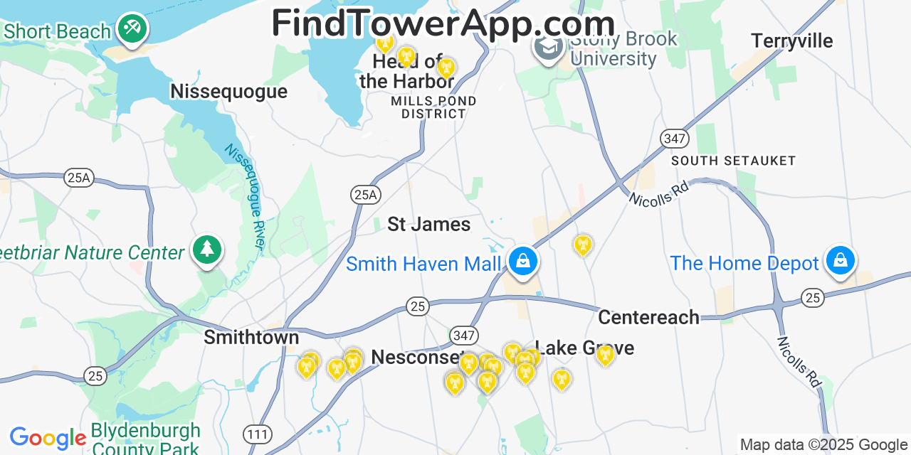 Map showing the 23 primary Verizon cell tower locations detected in Head Of The Harbor, New York with coverage radius and signal strength indicators