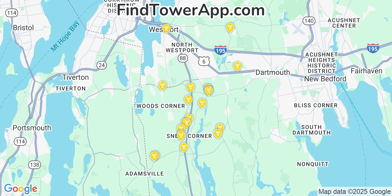Map showing the 22 primary AT&T cell tower locations detected in Head Of Westport, Massachusetts with coverage radius and signal strength indicators