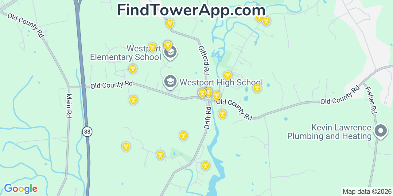 Map showing the 20 primary cell tower locations detected in Head Of Westport, Massachusetts from AT&T, Verizon, and T-Mobile networks