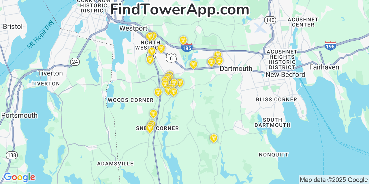 Map showing the 30 primary T-Mobile cell tower locations detected in Head Of Westport, Massachusetts with coverage radius and signal strength indicators