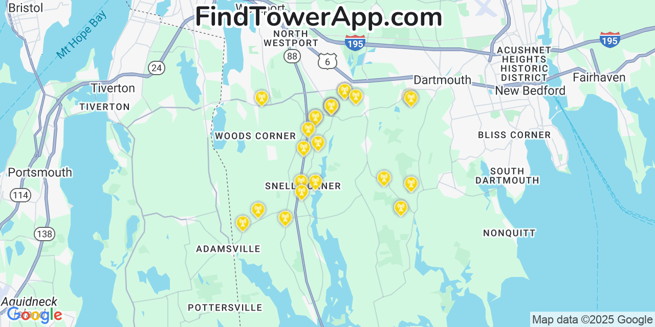 Map showing the 24 primary Verizon cell tower locations detected in Head Of Westport, Massachusetts with coverage radius and signal strength indicators