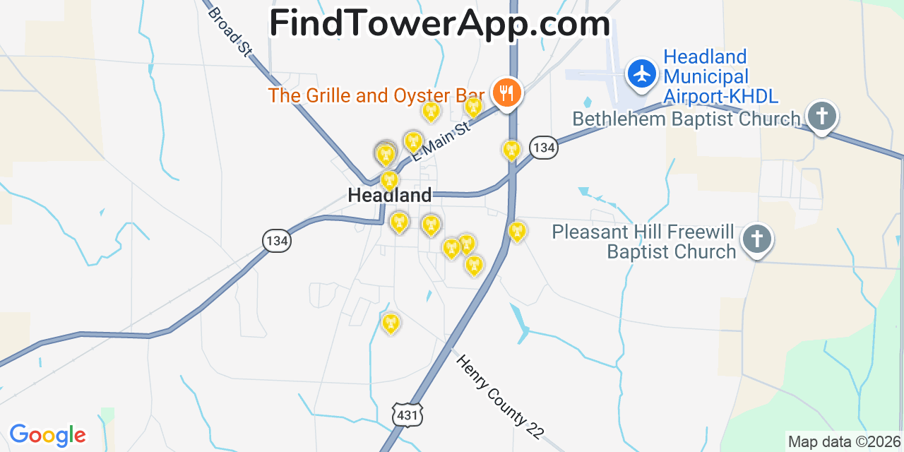 Map showing the 20 primary cell tower locations detected in Headland, Alabama from AT&T, Verizon, and T-Mobile networks