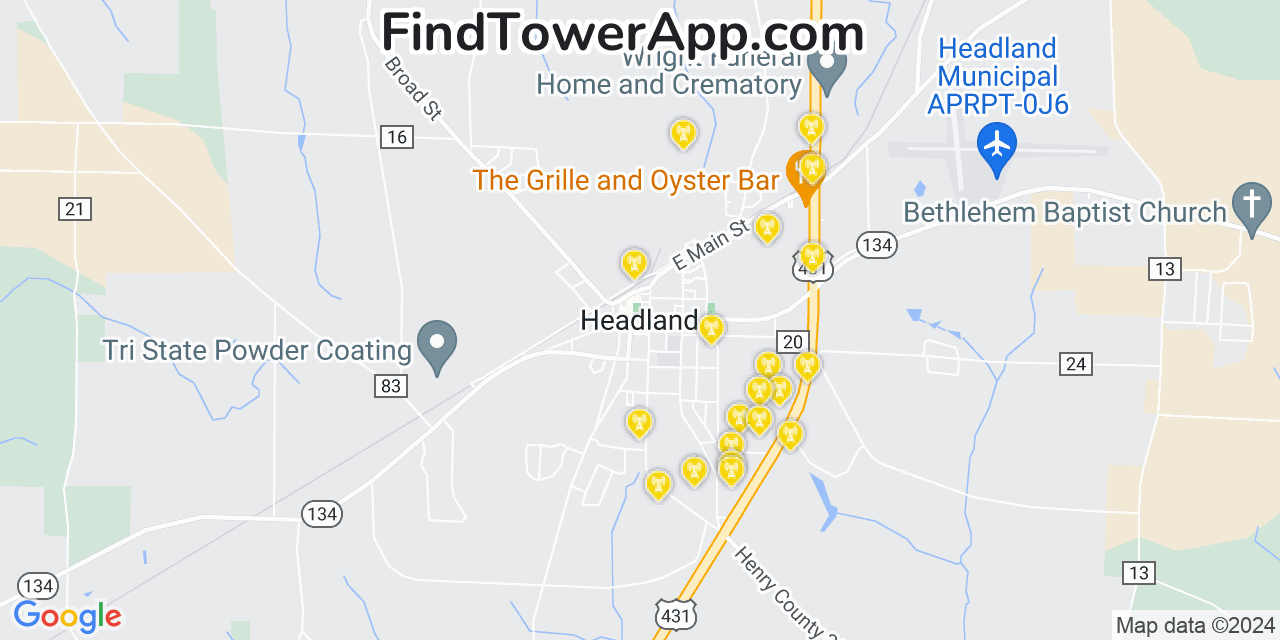 Verizon 4G/5G cell tower coverage map Headland, Alabama