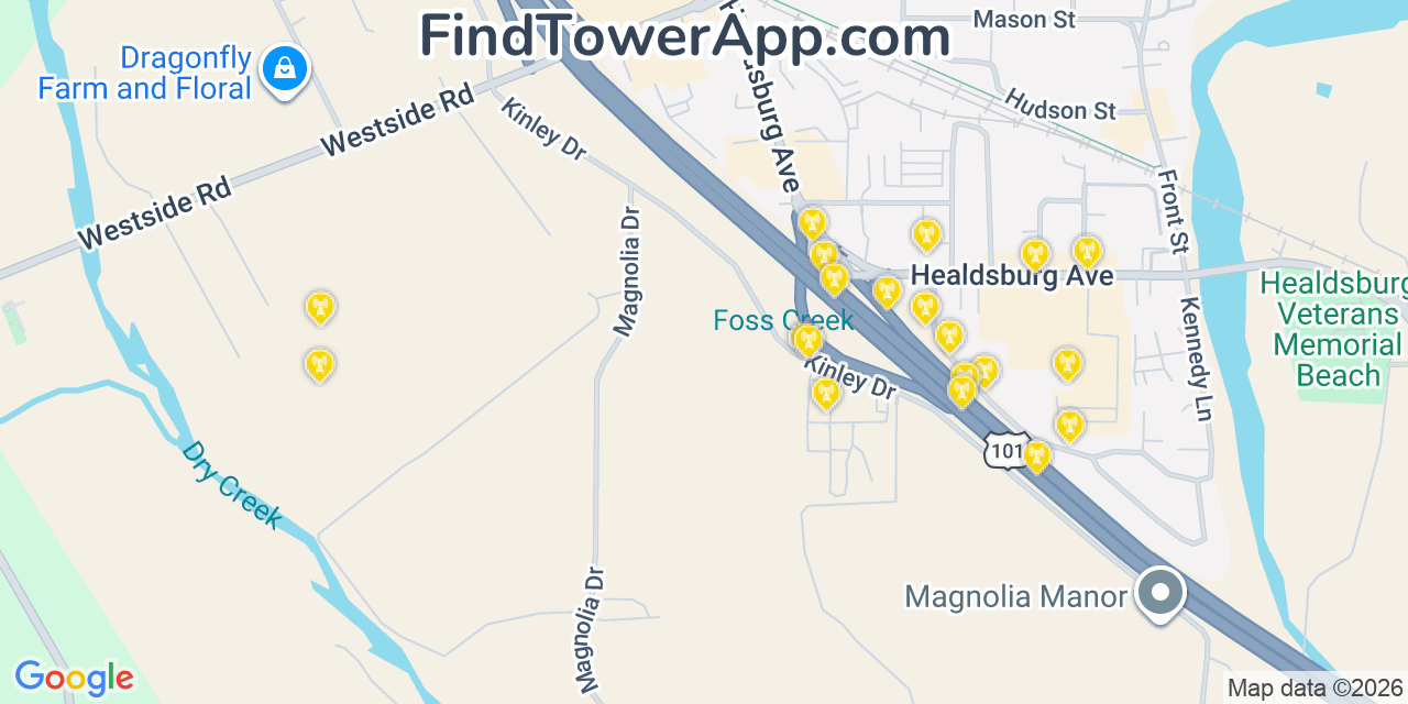 Map showing the 20 primary cell tower locations detected in Healdsburg, California from AT&T, Verizon, and T-Mobile networks
