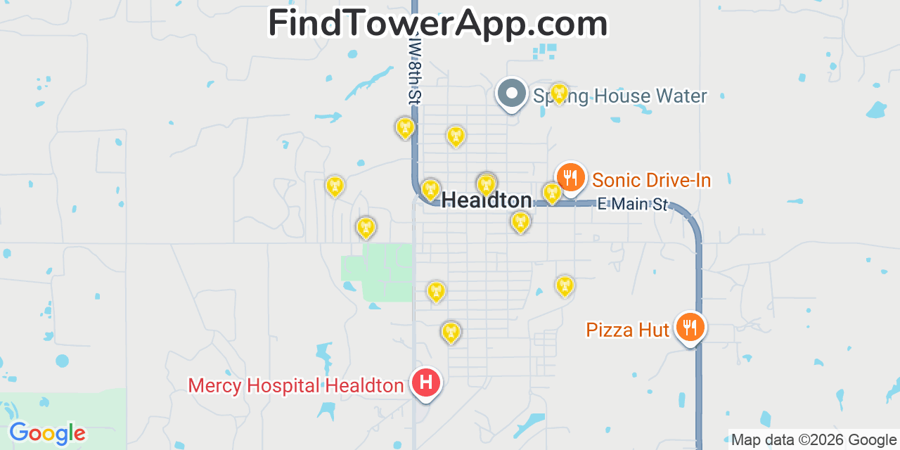 Map showing the 20 primary cell tower locations detected in Healdton, Oklahoma from AT&T, Verizon, and T-Mobile networks