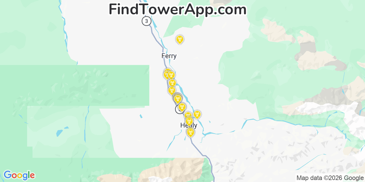 Map showing the 20 primary cell tower locations detected in Healy, Alaska from AT&T, Verizon, and T-Mobile networks