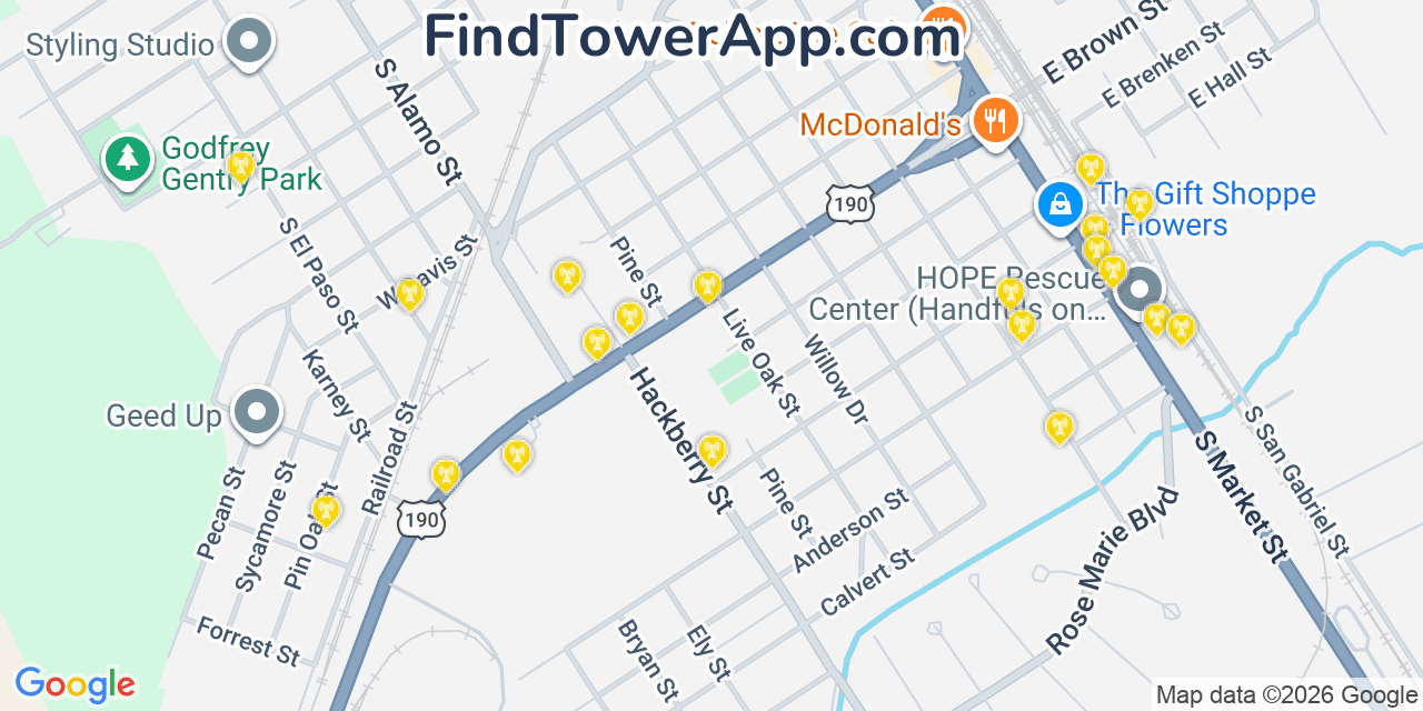 Map showing the 20 primary cell tower locations detected in Hearne, Texas from AT&T, Verizon, and T-Mobile networks