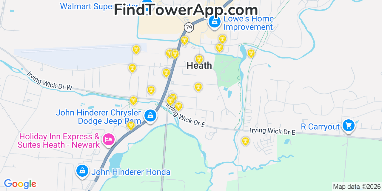 Map showing the 20 primary cell tower locations detected in Heath, Ohio from AT&T, Verizon, and T-Mobile networks