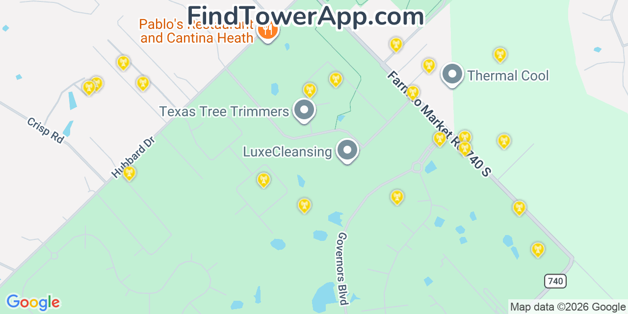 Map showing the 20 primary cell tower locations detected in Heath, Texas from AT&T, Verizon, and T-Mobile networks