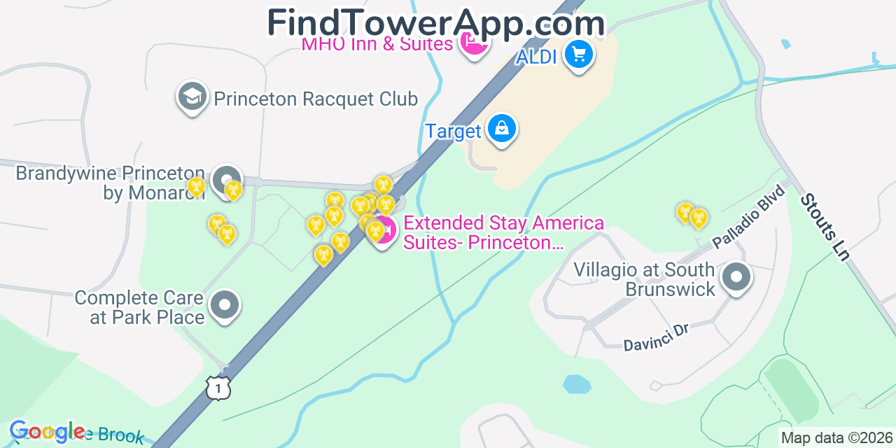 Map showing the 20 primary cell tower locations detected in Heathcote, New Jersey from AT&T, Verizon, and T-Mobile networks