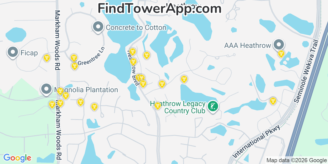 Map showing the 20 primary cell tower locations detected in Heathrow, Florida from AT&T, Verizon, and T-Mobile networks