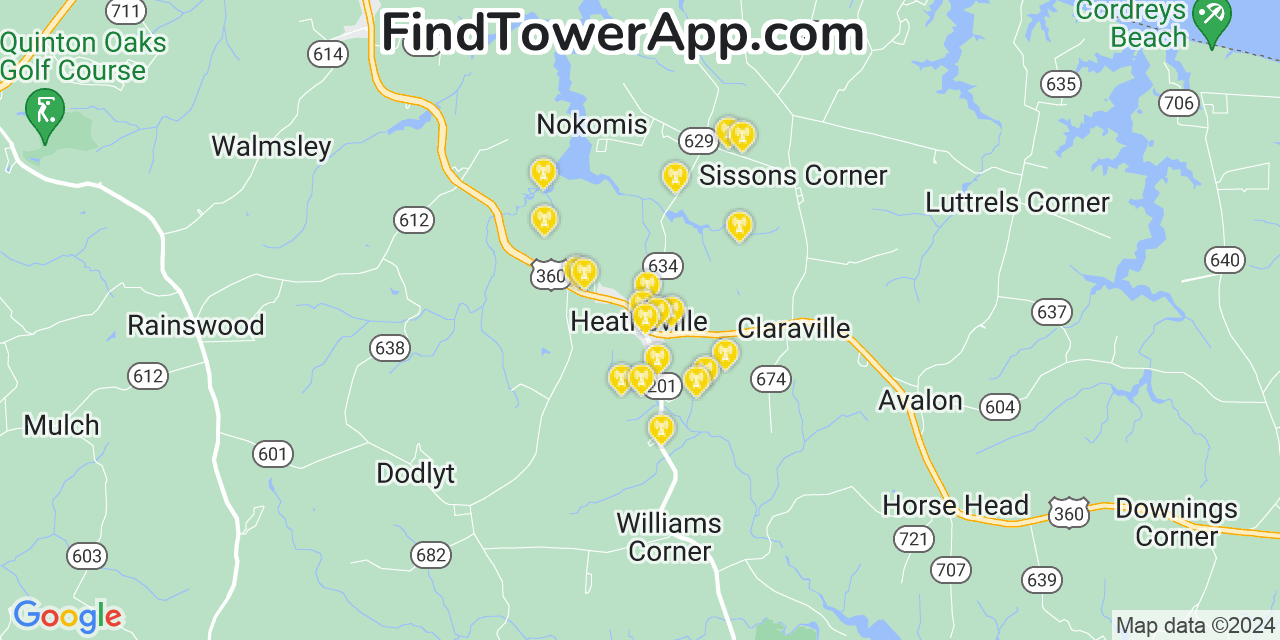 AT&T 4G/5G cell tower coverage map Heathsville, Virginia