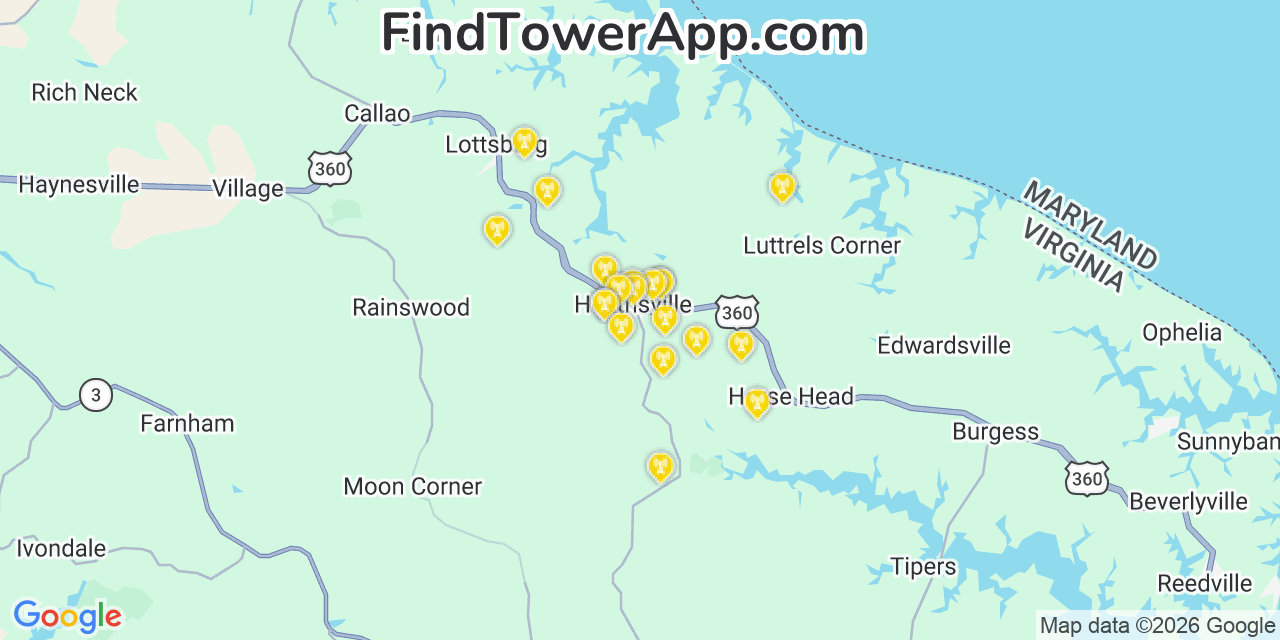 Map showing the 20 primary cell tower locations detected in Heathsville, Virginia from AT&T, Verizon, and T-Mobile networks