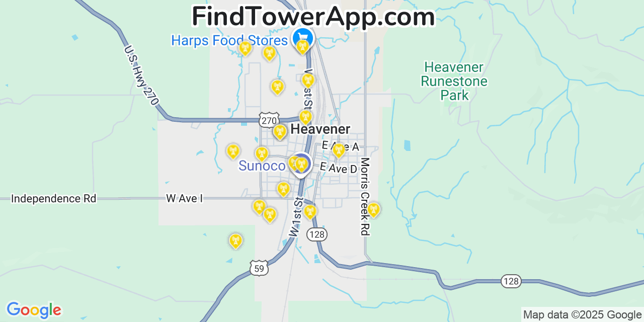 Map showing the 20 primary cell tower locations detected in Heavener, Oklahoma from AT&T, Verizon, and T-Mobile networks