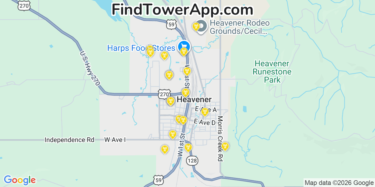 Map showing the 20 primary cell tower locations detected in Heavener, Oklahoma from AT&T, Verizon, and T-Mobile networks