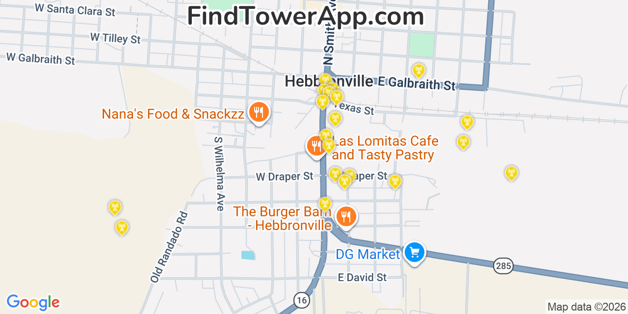 Map showing the 20 primary cell tower locations detected in Hebbronville, Texas from AT&T, Verizon, and T-Mobile networks