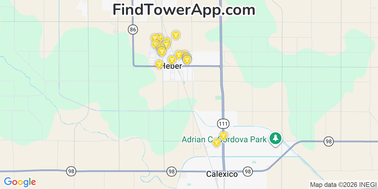 Map showing the 20 primary cell tower locations detected in Heber, California from AT&T, Verizon, and T-Mobile networks