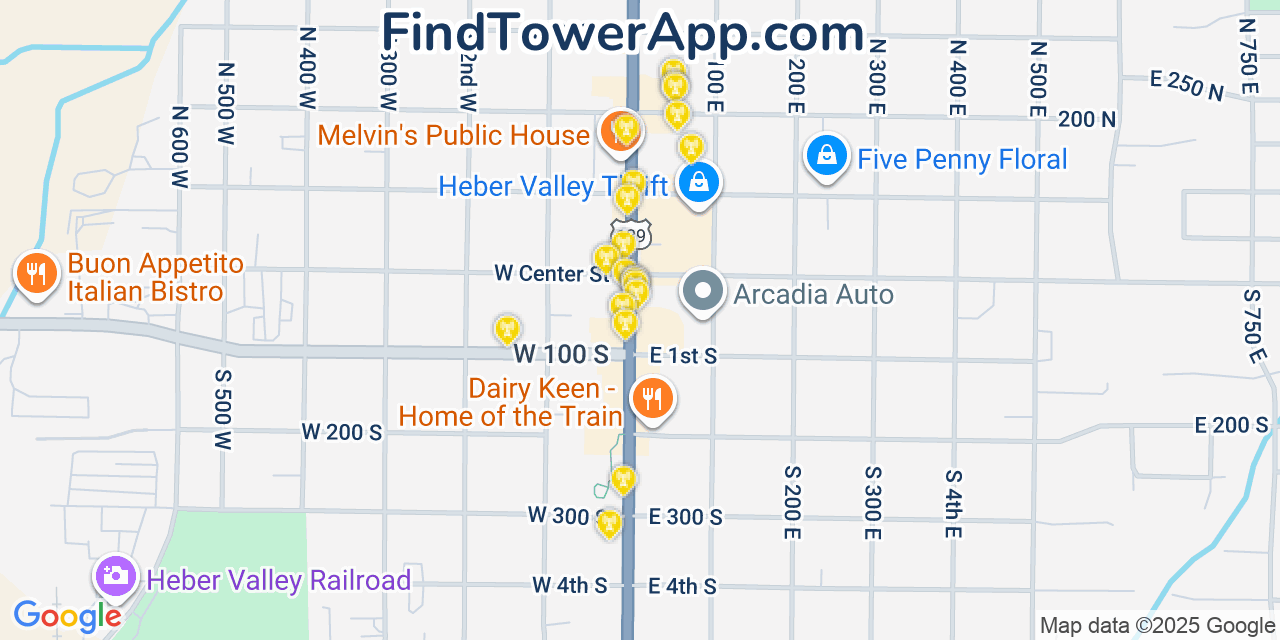 Map showing the 20 primary cell tower locations detected in Heber City, Utah from AT&T, Verizon, and T-Mobile networks