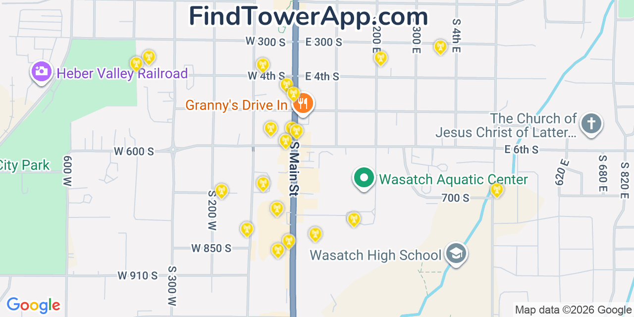 Map showing the 20 primary cell tower locations detected in Heber City, Utah from AT&T, Verizon, and T-Mobile networks