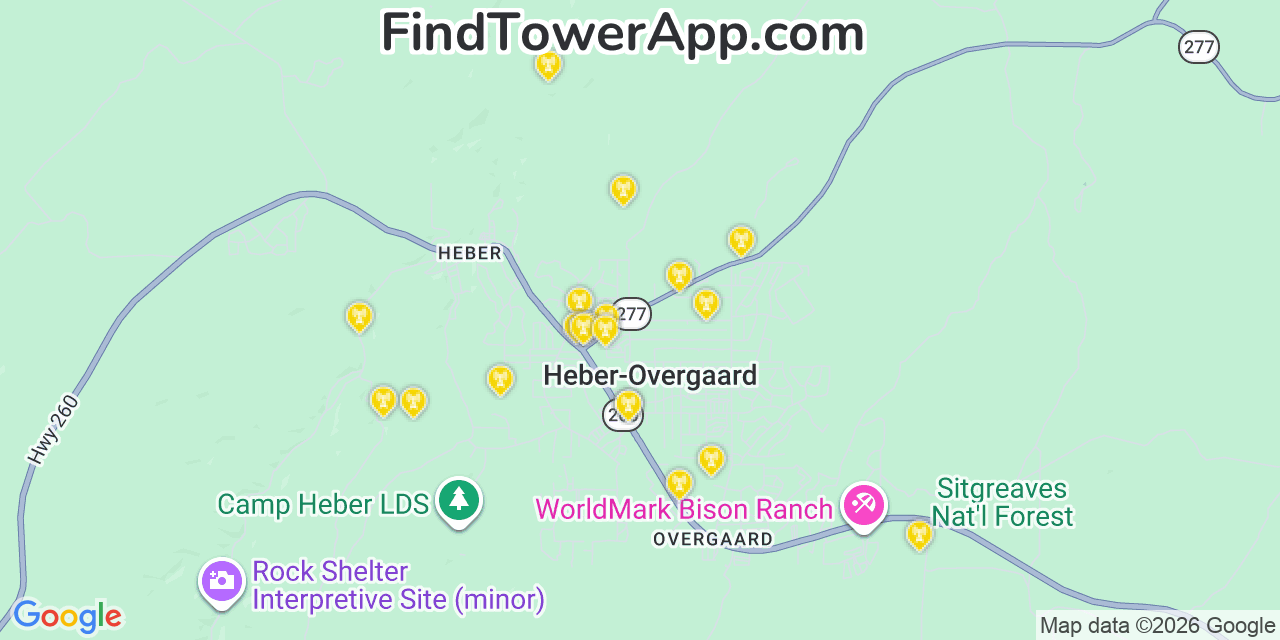 Map showing the 20 primary cell tower locations detected in Heber Overgaard, Arizona from AT&T, Verizon, and T-Mobile networks