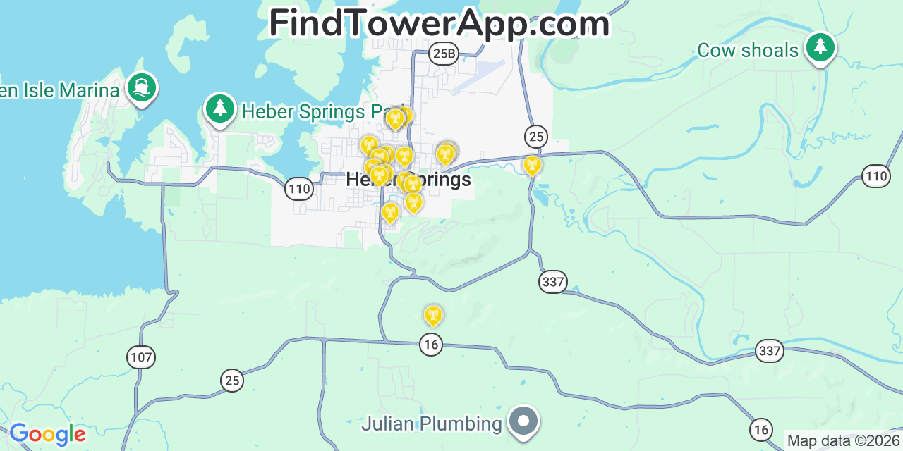 Map showing the 20 primary cell tower locations detected in Heber Springs, Arkansas from AT&T, Verizon, and T-Mobile networks