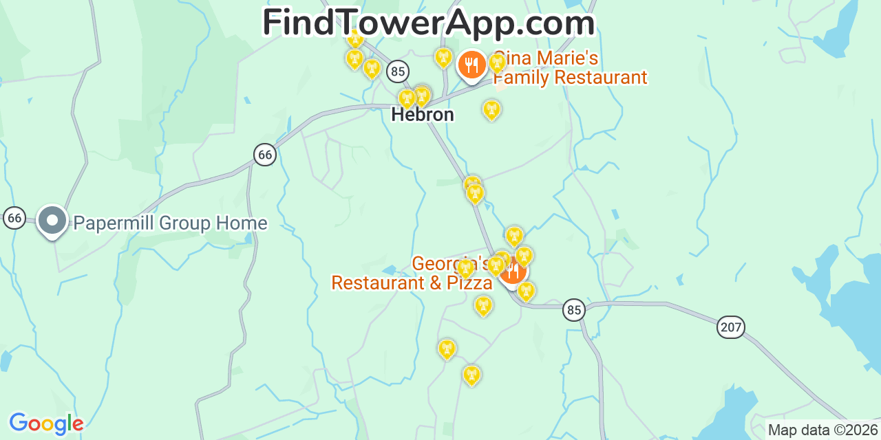 Map showing the 20 primary cell tower locations detected in Hebron, Connecticut from AT&T, Verizon, and T-Mobile networks