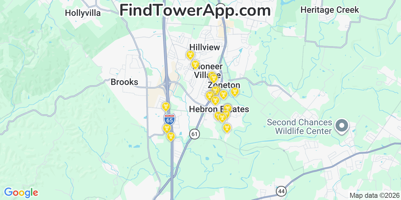 Map showing the 20 primary cell tower locations detected in Hebron Estates, Kentucky from AT&T, Verizon, and T-Mobile networks