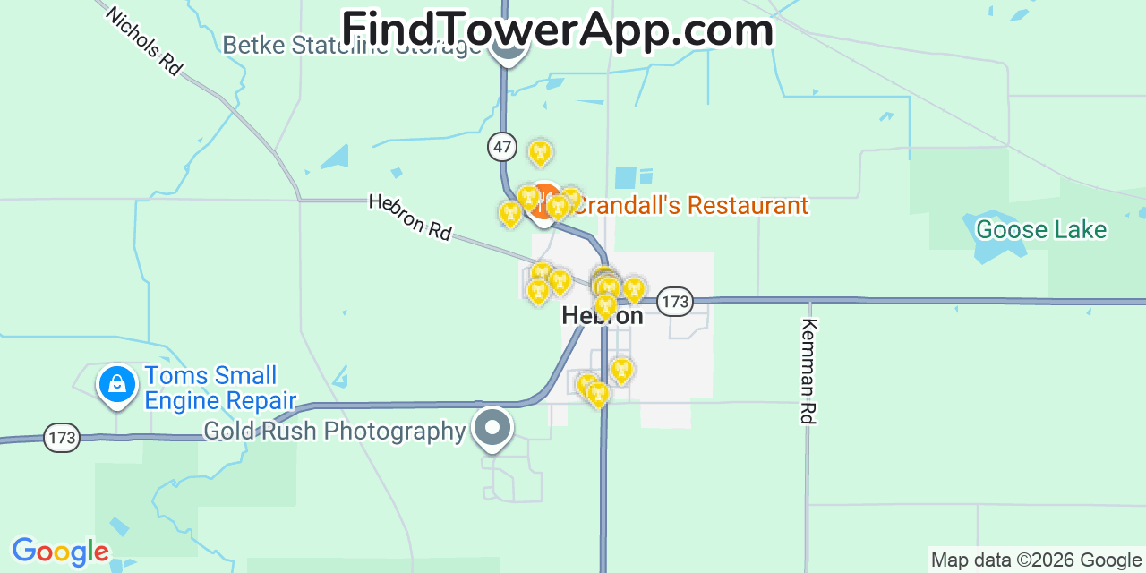 Map showing the 20 primary cell tower locations detected in Hebron, Illinois from AT&T, Verizon, and T-Mobile networks