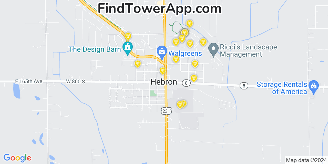 AT&T 4G/5G cell tower coverage map Hebron, Indiana