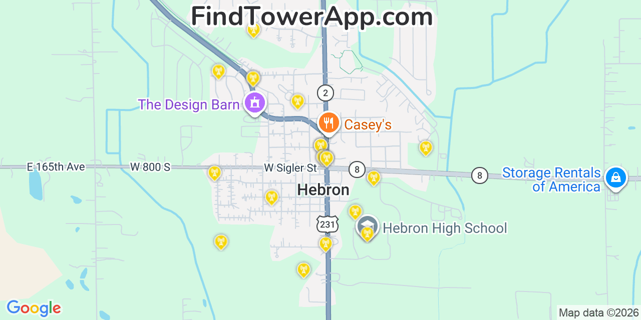 Map showing the 20 primary cell tower locations detected in Hebron, Indiana from AT&T, Verizon, and T-Mobile networks