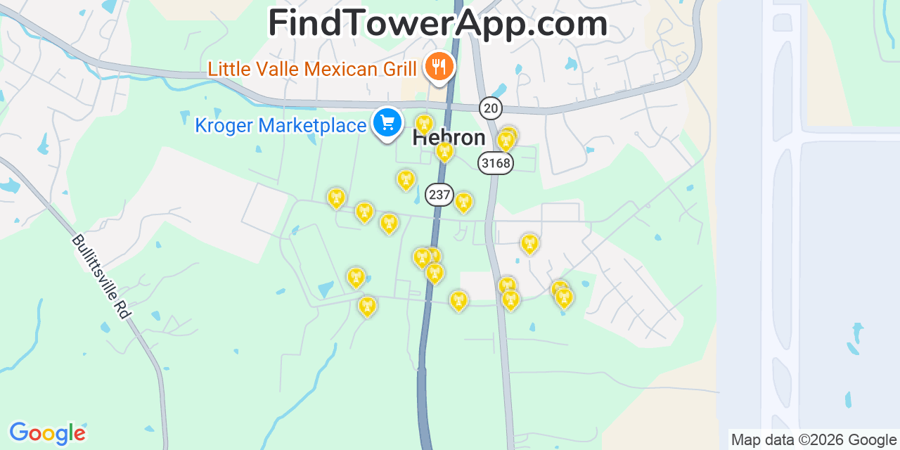 Map showing the 20 primary cell tower locations detected in Hebron, Kentucky from AT&T, Verizon, and T-Mobile networks