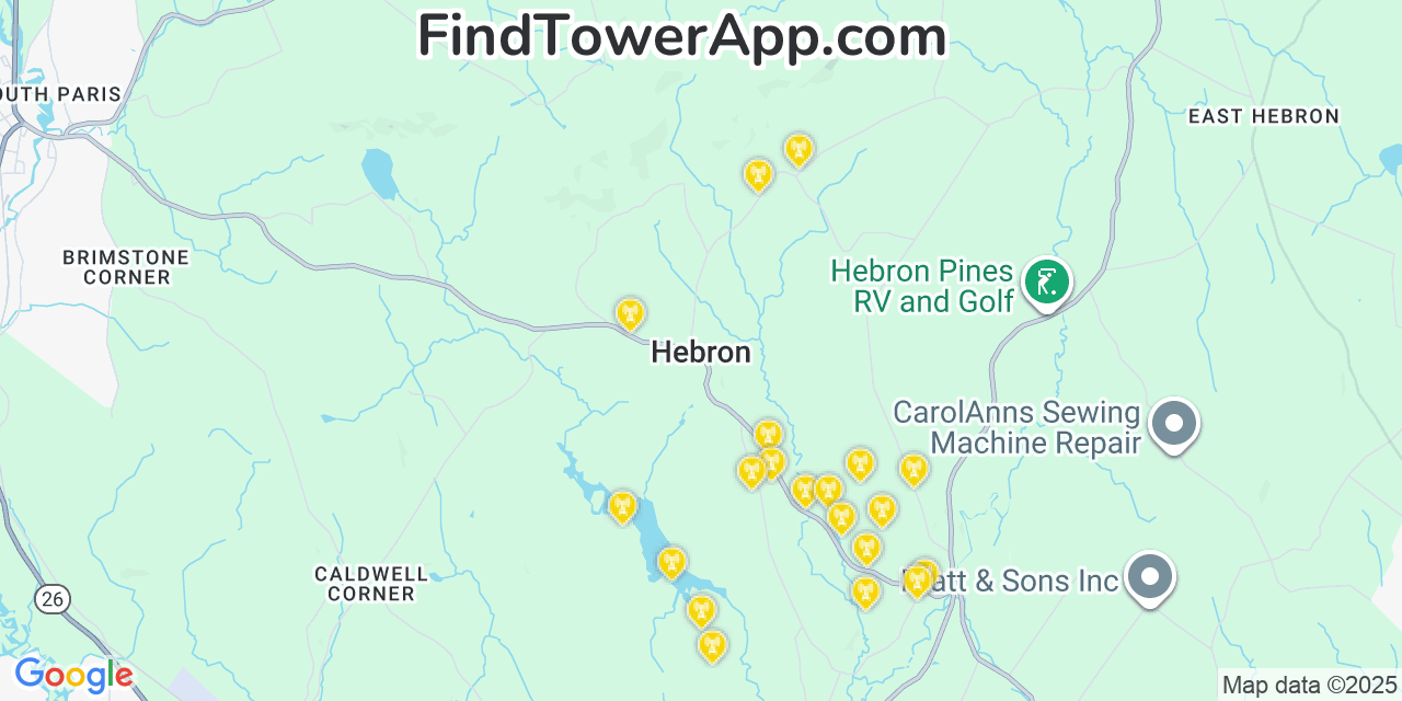 Map showing the 20 primary cell tower locations detected in Hebron, Maine from AT&T, Verizon, and T-Mobile networks
