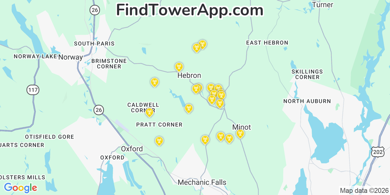 Map showing the 20 primary cell tower locations detected in Hebron, Maine from AT&T, Verizon, and T-Mobile networks