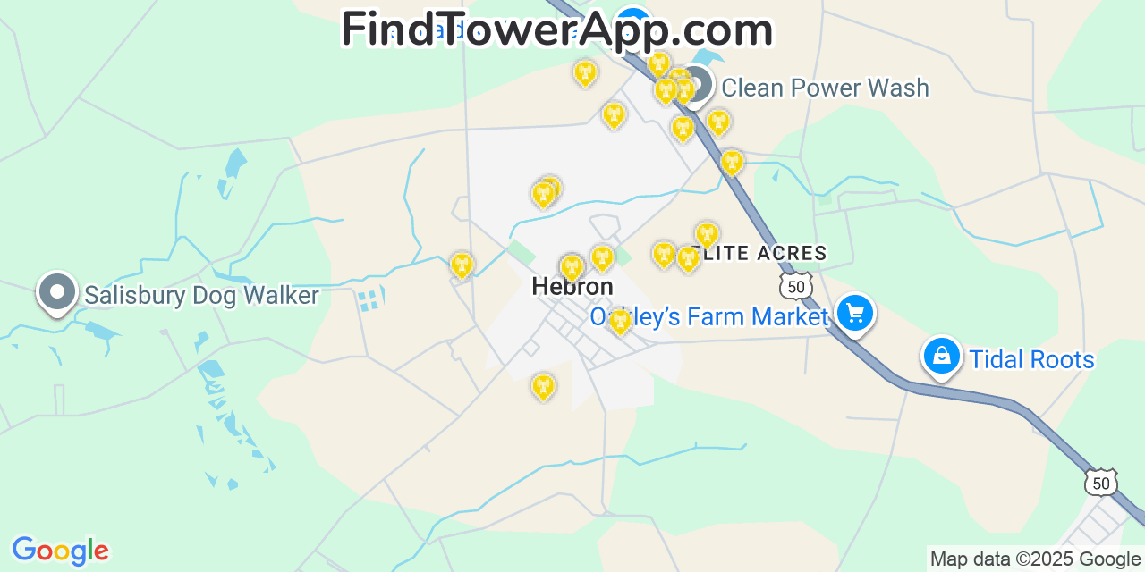 Map showing the 20 primary cell tower locations detected in Hebron, Maryland from AT&T, Verizon, and T-Mobile networks