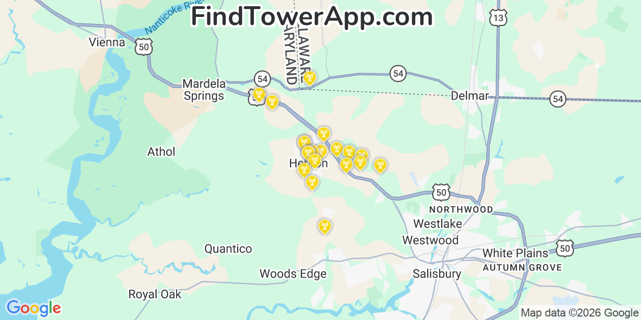 Map showing the 20 primary cell tower locations detected in Hebron, Maryland from AT&T, Verizon, and T-Mobile networks