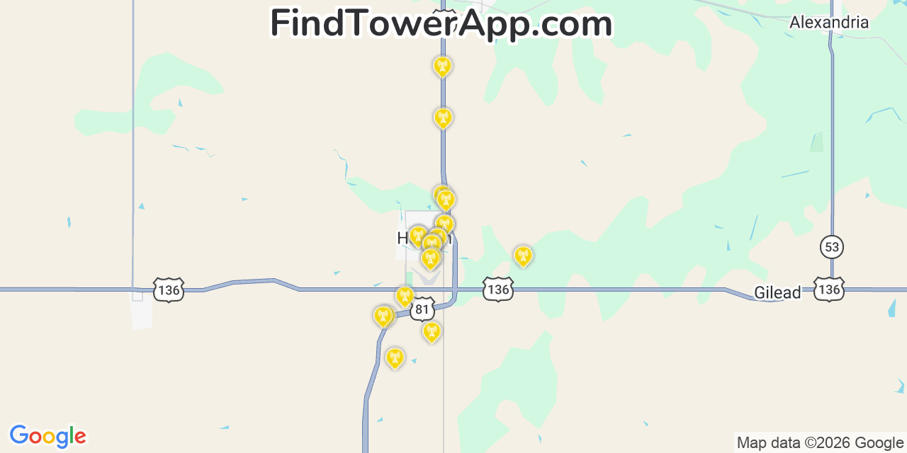 Map showing the 20 primary cell tower locations detected in Hebron, Nebraska from AT&T, Verizon, and T-Mobile networks