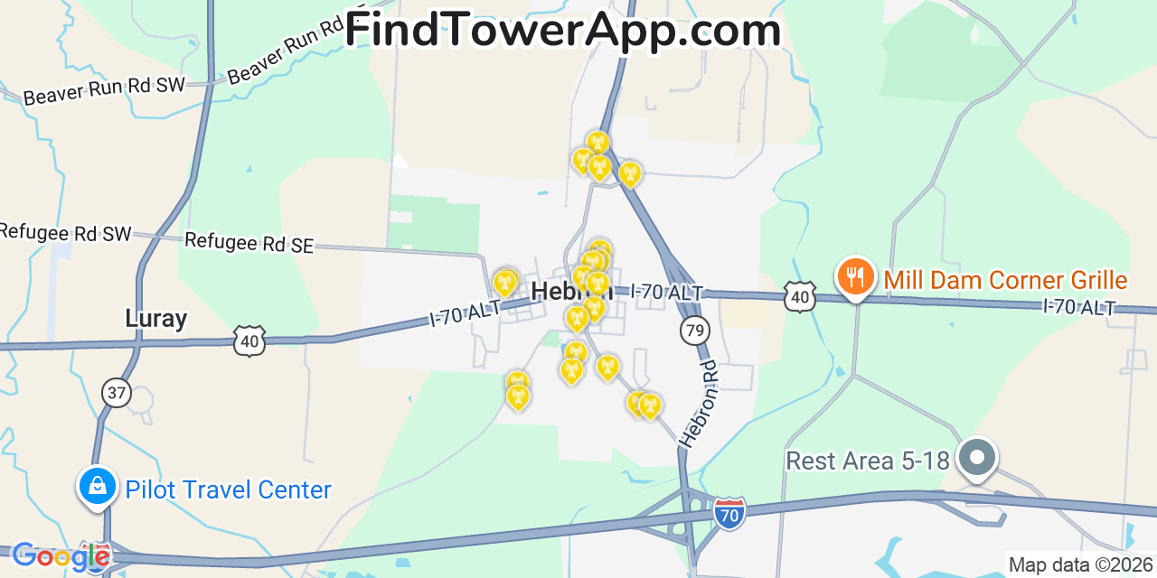 Map showing the 20 primary cell tower locations detected in Hebron, Ohio from AT&T, Verizon, and T-Mobile networks